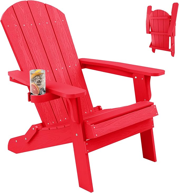 YEFU Adirondack Chair, Oversized Plastic Adirondack Chairs Folding Outdoor Chairs with Cup Holder, Lawn Chair with Weather Resistant for Outside Deck Lawn Garden, Weight Capacity Up to 400 Lbs(Red)