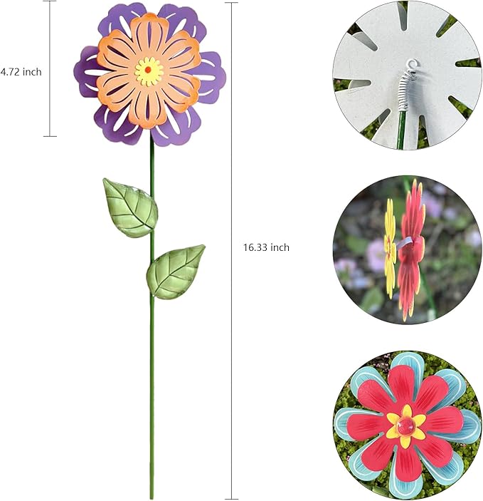 Metal Flowers for Outside,4 Pack 16.33" Decorative Garden Stakes with Swaying Flowers Head Yard Art,Spring Garden Decor for Lawn, Pathway & Yard