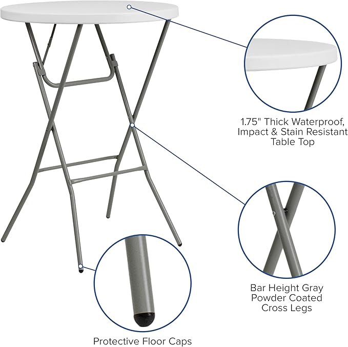 Flash Furniture Elon 32' Round Folding Bar Height Table for Parties and Commercial Events, Indoor/Outdoor Plastic Tall Round Table, White