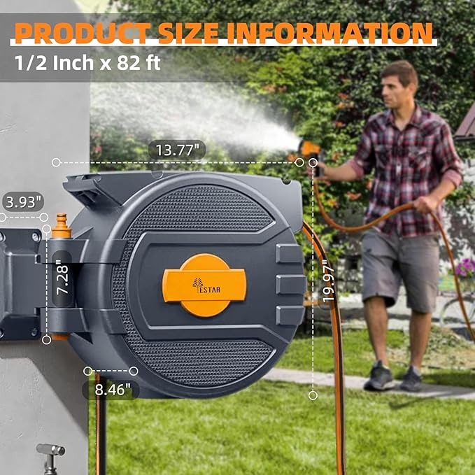 Retractable Garden Hose Reel 1/2 in x65 ft, Garden Water Hose Reel with 10- Function Sprayer Nozzle, Any Length Lock/Automatic Slow Return System,180° Swivel Bracket