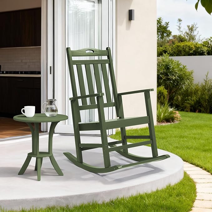 VINGLI Outdoor Rocking Chair with Footrest, Wooden Rocking Chair with 450 LBS Weight Capacity, Patio Rocker with Comfortable Backrest for Garden, Yard (Dark Green, 1PC)