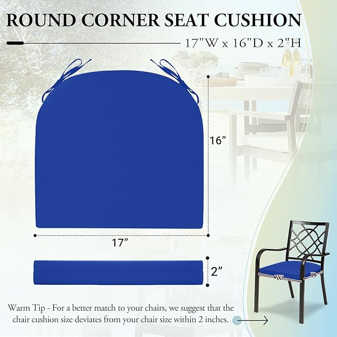 Wellsin Outdoor Chair Cushions for Patio Furniture - Patio Chair Cushions Set of 6 - Water Resistant Round Corner Outdoor Seat Cushions 17"X16"X2", Royal Blue