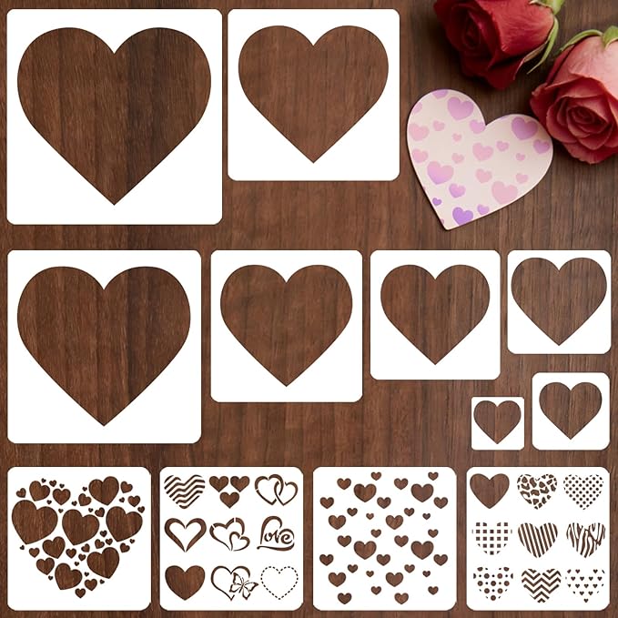 12 PCS Love Heart Stencils for Painting - Different Size Love red Heart Reusable Valentine's Painting Templates on Wood, Glass, Fabric, Window Door Decor DIY Decoration