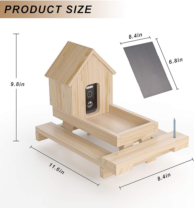 Wooden Squirrel Feeder with Camera Solar Powered, Smart Squirrel Picnic Table Feeder with Corn Cob Holder, Squirrel Feeders for Outside Backyard for 2.4g WiFi Coverage Area