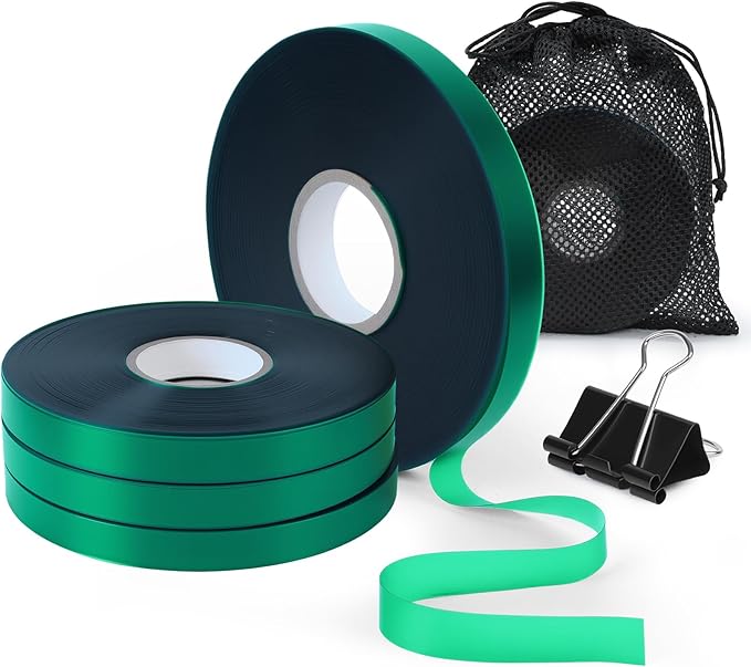 Plant Tie Tape – 4 Rolls (788 ft) Stretch Vinyl (PVC), 0.5" Wide, Non-Adhesive Garden Ties for Stems & Poles – Includes Mesh Bag & Binder Clip (788 ft)