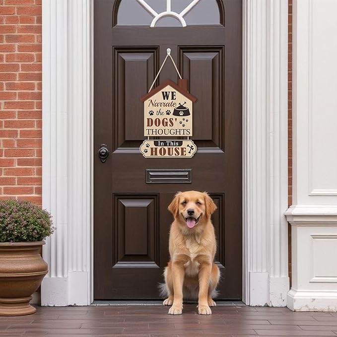 HLNIUC Funny Dog Door Sign,In This House We Narrate The Dogs’ Thought Wall Decor,Rustic Dog House Hanging Decoration for Front Door,Dogs Welcome People Tolerated Plaque for Pet Lovers Porch Decor