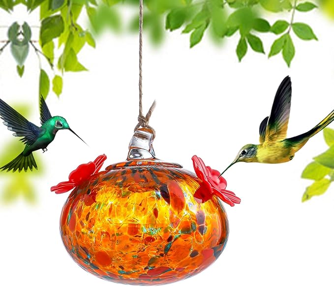 3in Small Colorful Hummingbird Feeder Glass for Outdoors Window Hanging Blown Glass Hummingbirds Feeders for Outside with 2 Feeding Ports Ant and Bee Resistant Humming Birds Feeder Gifts for Women