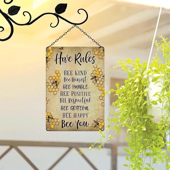 Vintage Hive Rules Metal Tin Sign "BEE KIND BEE HUMBLE Bee POSITIVE BEE Bee Respectful BEE GRATEFUL BEE HAPPY Bee You" Retro Wall Decor for Home Cabin Yard Backyard Decorations (8x12 Inch)