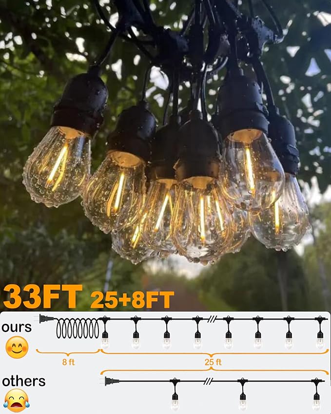 25FT Outdoor String Lights for Patio, Balcony & Porch – 16 LED Edison Bulbs (1.6FT Spacing), Dimmable Heavy-Duty Patio Lights for Backyard, Gazebo, Bistro, Camping, Party and Garden Decor