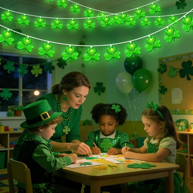 20 LED Clear Green Shamrock String Lights, 12FT St Patricks Day Lights String Outdoor Waterproof with 20 LED Light for Rish Shamrock St Patrick's Day Party Indoor Home Window Porch Garden Decorations
