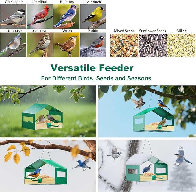 FANHAO Metal Bird Feeder for Outdoor Hanging, Wild Bird Feeder House with Rust-Resistant Mesh, Hanging Platform Bird House Feeder for Attracting Birds, Weatherproof, Easy to Clean & Refill