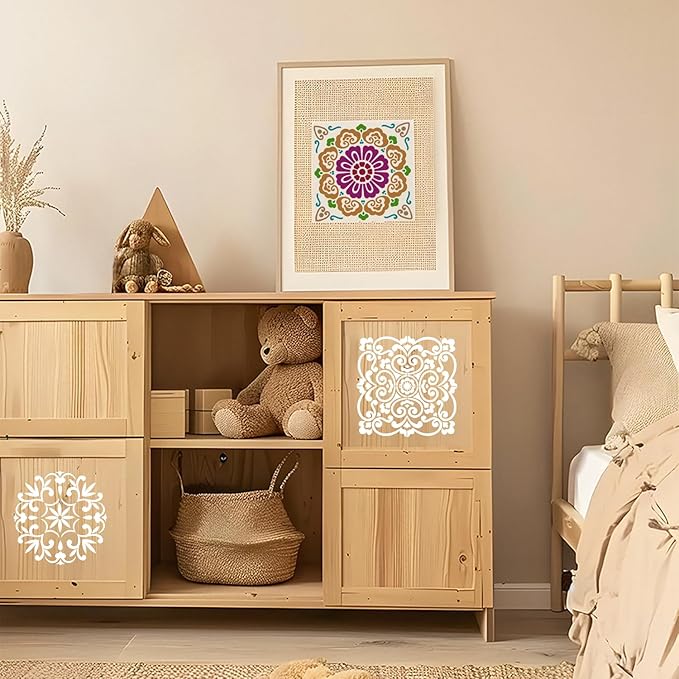 8 PCS Reusable Stencils, Mandala Templates for Painting on Fabric Furniture Wood Floor Wall Tile DIY Art Scrapbook Home Decoration, 5 x 5 Inch