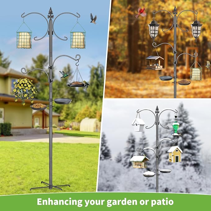 Bird Feeder Pole, 76 Inch Bird Feeding Station, Heavy Duty Shepherd Hooks for Outdoors Hanging Birds Feeders, 4 Hook Hummingbird Feeder Stand with Birds Bath, Mesh Tray