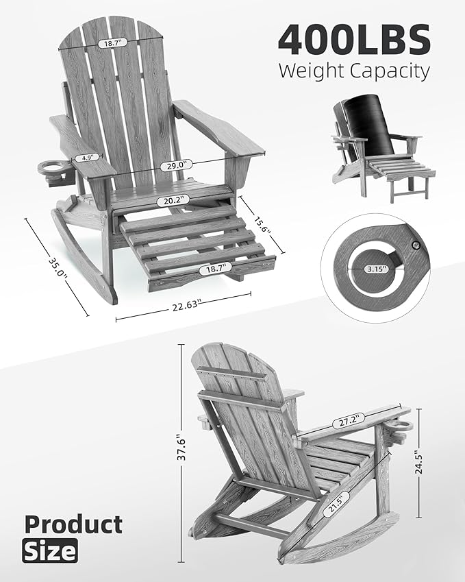 Folding Adirondack Rocking Chair Set of 2,4-in-1 Multifunctional Patio Chairs with Retractable Ottoman, Outdoor Chairs Wood Texture, Lawn Chair for Porch, Backyard, Pool(Grey)