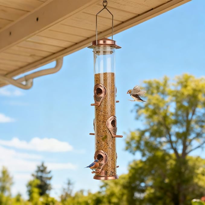 ERYTLLY Metal Bird Feeders 6 Port Tube Bird Feeder for Wild Birds, 1.4mm Extra Thick Solid Tube Transparent with Steel Hanger Squirrel Proof for Outside