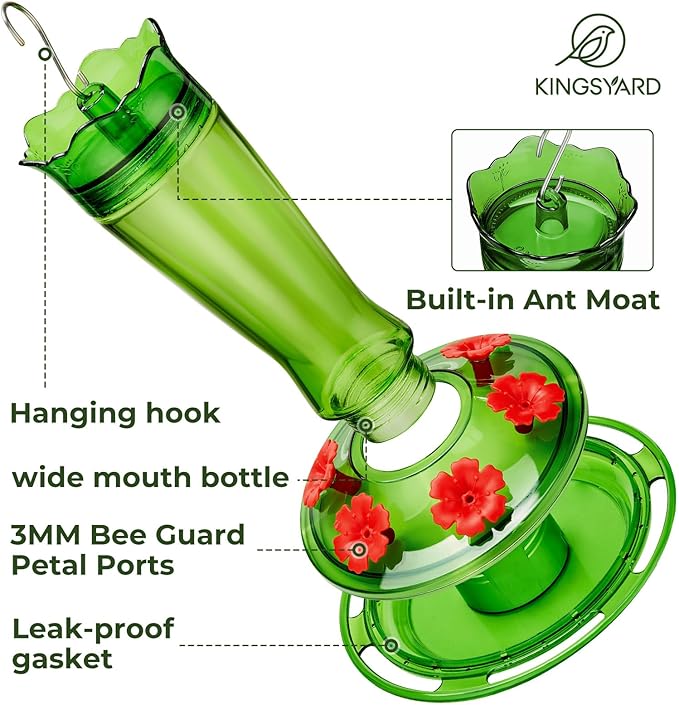 Kingsyard Glass Hummingbird Feeder for Outdoors Hanging - 6 Bee Guard Feeding Ports & Built-in Ant Moat, Wild Bird Feeder for Outside Garden Yard Patio 14 Oz, Green