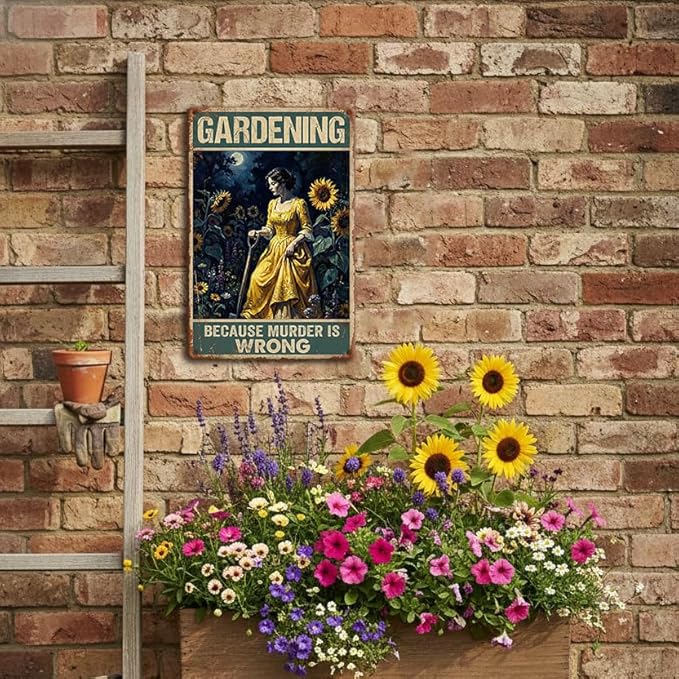 Funny Gardening Tin Sign - "Gardening Because Murder Is Wrong" Vintage Aluminum Wall Art - 8x12 Inch Garden Decor - Metal Sign Humorous Gift for Shed, Women, Mom, Gardeners, Housewarming