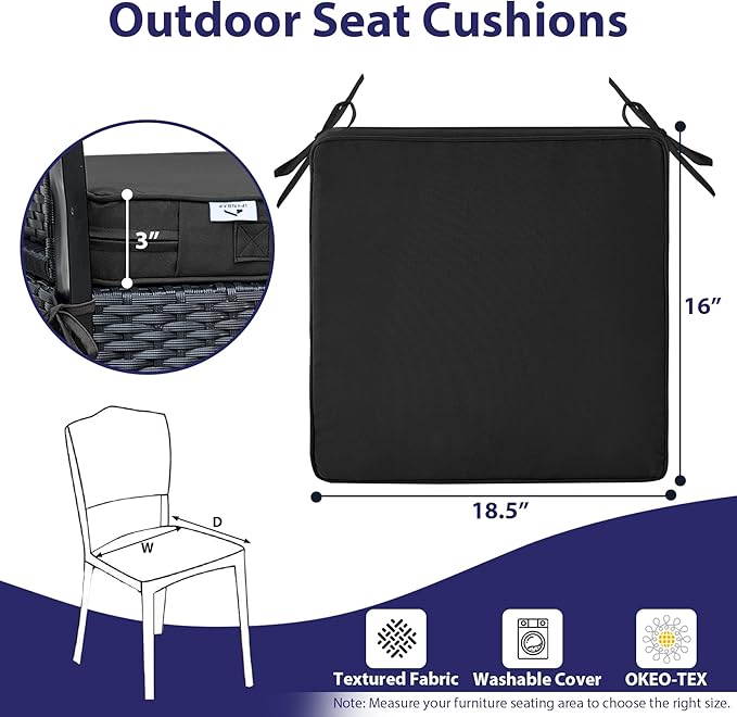 Outdoor Chair Cushions Set of 4,Waterproof Outdoor Seat Cushions for Patio Furniture,Patio Chair Cushion with Handle and Ties, Square Out Door Chair Pads,18.5" x 16" x 3", Black
