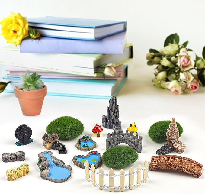 21 Pcs Fairy Garden Miniatures Accessories Bridge House Landscape Water Well Fence Figurines Pond Mushroom Lawn Garden Ornament for DIY Craft Succulent Decor