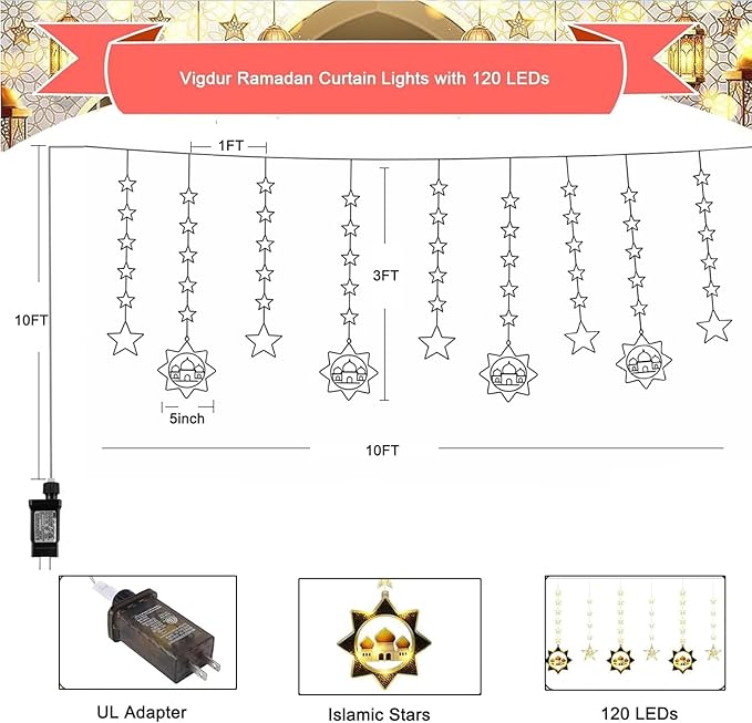 Vigdur Ramadan Star Curtain Lights, 120 LEDs Eid Mubark Castle Curtain Fairy Lights with Remote & 8 Lighting Modes, Ramadan Decoration Lights for Home Holiday Eid Decorations(10FT)