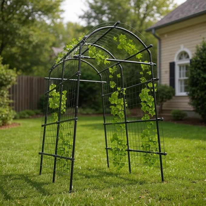 Adjustable Garden Arch Trellis, 7.5FT Metal Arbor with Climbing Net, 35"–45" Wide Weather-Resistant Pergola for Vines, Roses, Vegetables & Flowers, Sturdy Steel Frame, Easy No-Tool Assembly