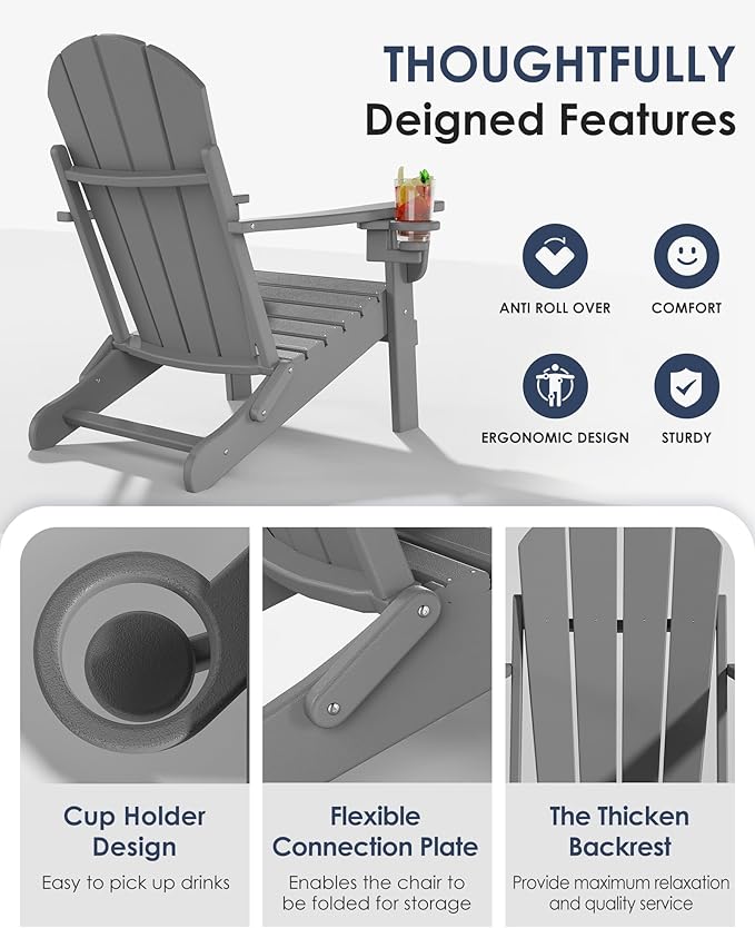 Folding Adirondack Chairs Set of 4, All-Weather Resistant HDPE Patio Firepit Chairs, Sturdy Outside Chairs with Cup Holder, Lawn Chairs, 80% Pre-Installed Load Capacity 385lb, Slate Grey
