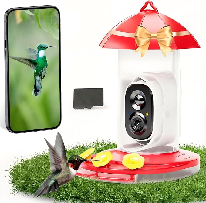 Hummingbird Feeder with Camera, Hummingbird Feeders for Outdoors with 2K Bird Watching Camera, AI Identify Species, Ant & Bee Proof, Instant Notification, Idea Gift for Bird Lover