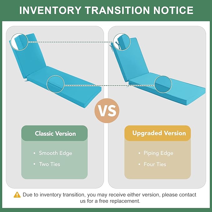 Chaise Lounge Cushions Outdoor Set of 2 - Waterproof and Fade Resistant Sun Lounger Replacement Cushions - Patio Lounger Pads with Removable Cover for Pool, Deck, Lawn, 72 x 21 x 3 Inch, Teal