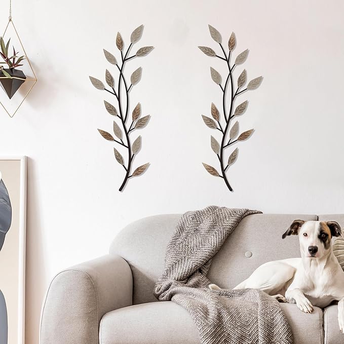 LWHZHE 2 Pieces Vintage Tree Leaf Wall Art Vine Metal Bathroom Wall Decor Olive Branch Wall Decor Living Room Tree Wall Art for Outdoor Hallway Kitchen Garden (Rustic Brown)