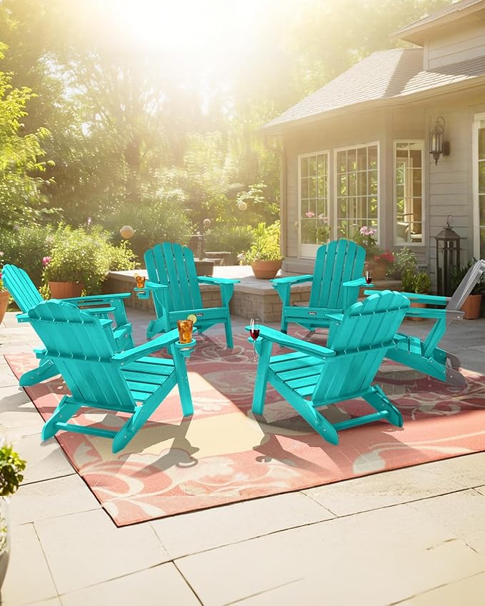 Adirondack Chairs Set of 6, HDPE Material Fire Pit Chairs, Plastic Adirondack Chairs with 2 Cup Holder, Outdoor Lawn Chair for Patio Garden，Lakeblue