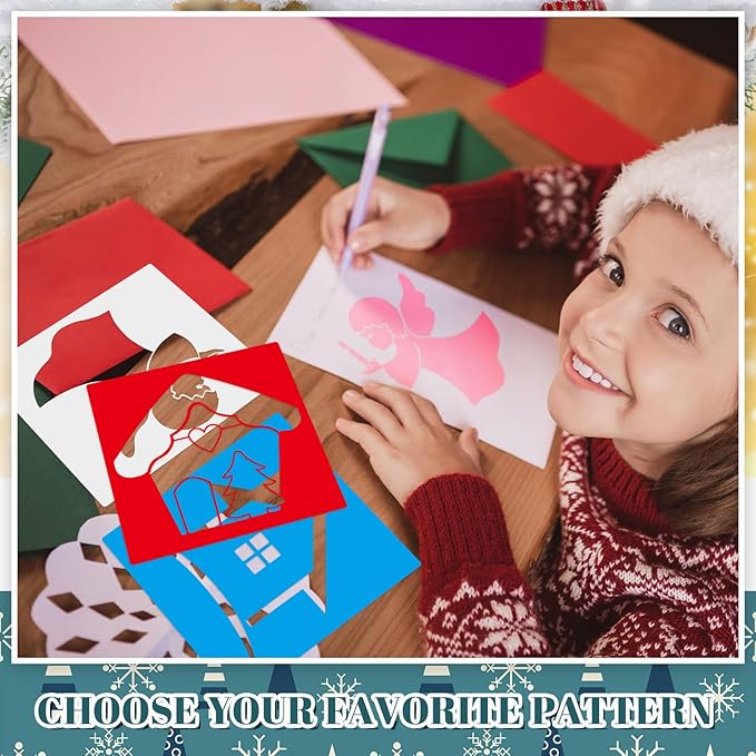 Henoyso 24 Pcs Winter Stencil Set 8 x 8 Inch Plastic Snowflake Drawing Painting Templates Assorted Stencils Reusable for Holiday Winter Themed Kids Painting on Wood Scrapbook DIY Art Crafts