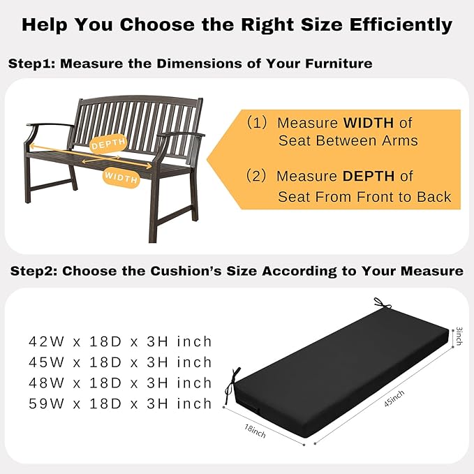 idee-home Outdoor Bench Cushion Waterproof, Bench Cushions for Outdoor Furniture, Patio Porch Swing Replacement Seat Pad with Ties for Garden Backyard, 45 x 18 Inch Black