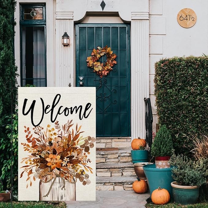 CROWNED BEAUTY Fall Garden Flag Floral Mason Jar 12x18 Inch Double Sided for Outside Small Welcome Burlap Autumn Seasonal Yard Decoration