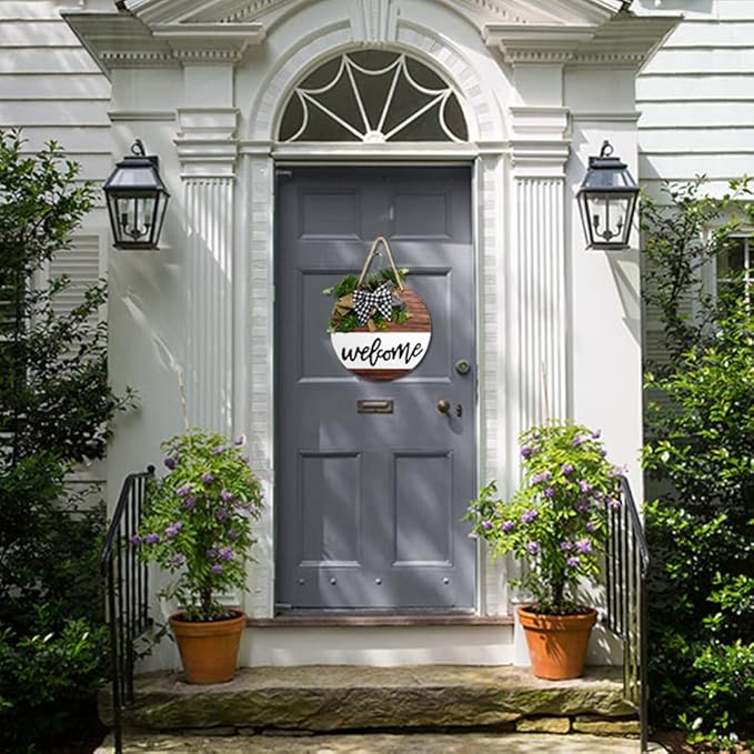Welcome Sign for Front Door, Front Door Decor for Farmhouse Porch, Rustic Welcome Wreaths with Stapled Greenery, Round Wooden Hanging Sign Housewarming Gift for Home Outdoor Indoor