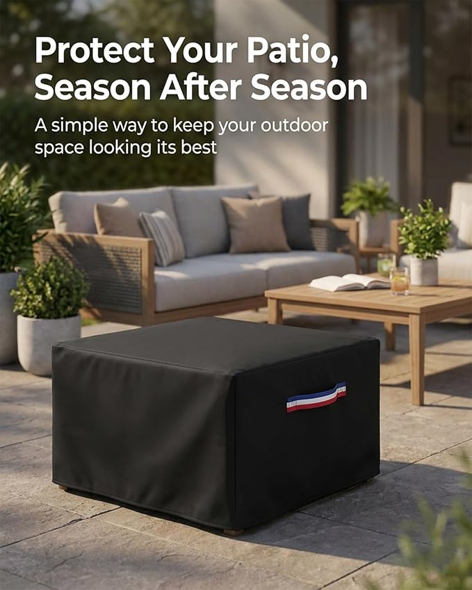 Square Waterproof Patio Ottoman Cover, 600D Heavy Duty Outdoor Furniture Cover with Windproof Buckles Air Vents, All-Weather Protector for Patio Ottoman or Outdoor Side Table 32 x 32 x 18 Inch, Black