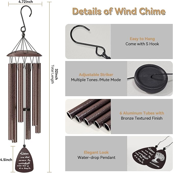 Memorial Wind Chimes for Outside, Sympathy Gift for Loss of Loved One Prime Mom Dad, Ideal for Bereavement & Funeral & Remembrance，Garden Patio Outdoor Use