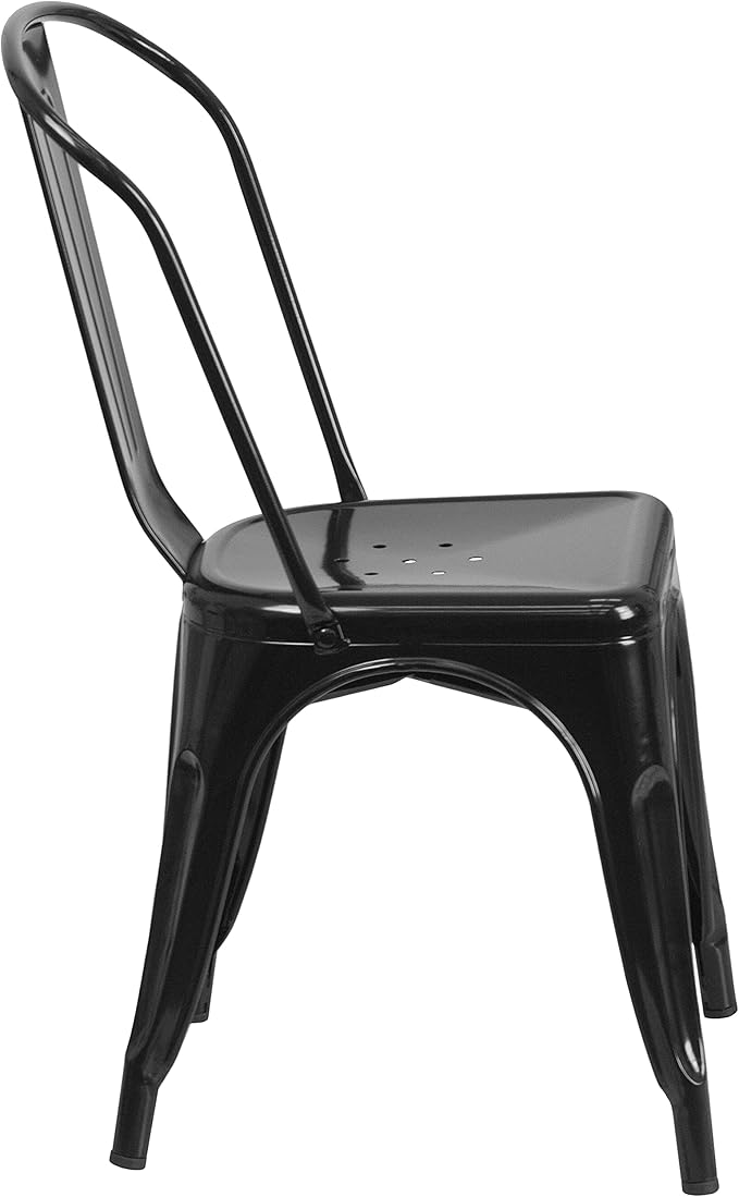 EMMA + OLIVER Commercial 31.5" Square Black Metal Indoor-Outdoor Table Set-4 Stack Chairs