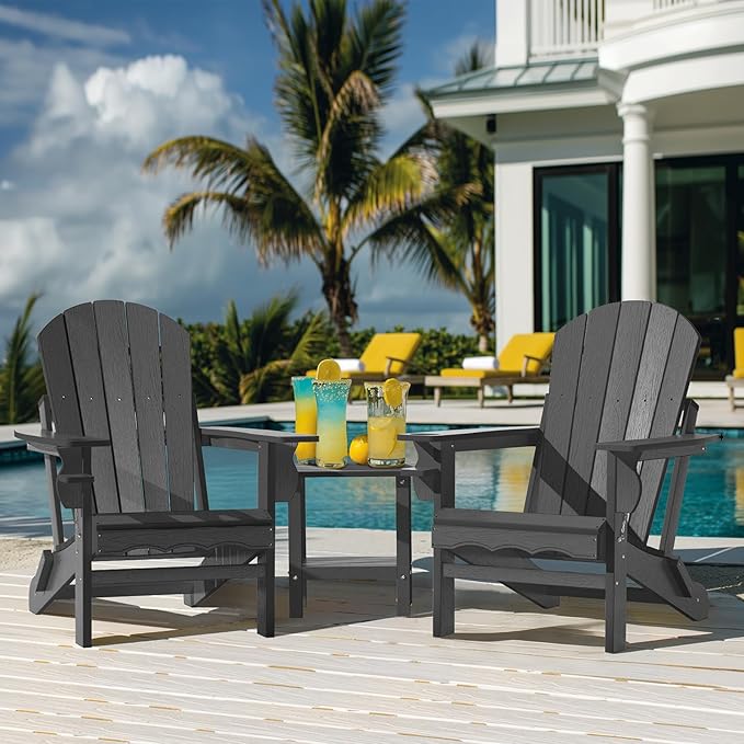 Folding Adirondack Chairs Set of 2, HDPE Fire Pit Chairs Weather Resistant, Composite Foldable Adirondack Patio Chair with Cup Holder and Umbrella Hole, Grey
