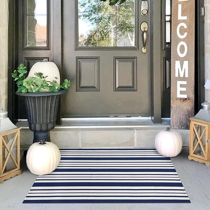 IOHOUZE Navy and White Striped Rug 2'x3' Front Door Rugs, Small Washable Area Rug for Front Porch, Spring Summer Doormats Outdoor Indoor, Cotton Rugs for Entryway Porch Entrance