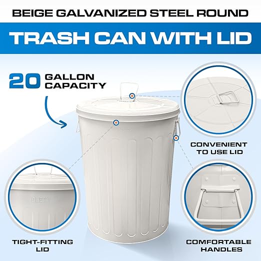 Plexon Galvanized Steel Round Trash Can with Lid Powder Coated Metal - 20 Gallon, Beige