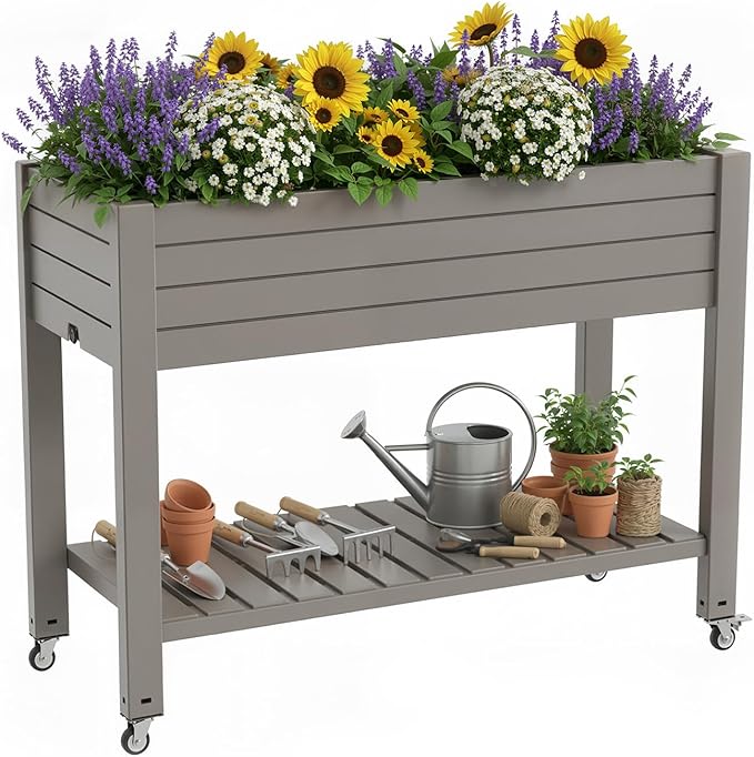 EasyUp 21 Gallon Raised Garden Bed with Legs and Wheels, Raised Planter Box with Drainage Plug and Gauge, Lower Shelf for Tools and Accessories, Dust-Proof Resin for Patio and Backyard(Light Brown)