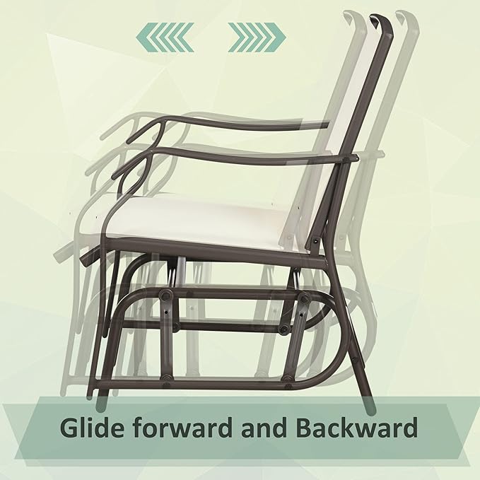 Outsunny 3 Piece Outdoor Glider Chair with Coffee Table Bistro Set, 2 Patio Rocking Swing Chairs with Breathable Sling Fabric, Glass Tabletop, for Backyard, Garden and Porch, Cream White