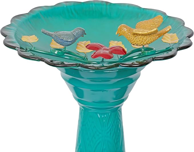 Alpine Corporation ORS112GN Vintage Metal Pedestal Birdbath with Stand, Shallow Bird Bath Bowl for Outside, 28" H, Green