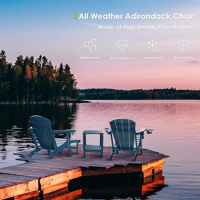 GREENVINES Adirondack-Chairs-with-Ottoman | Set of 4 | Folding | Retractable-Footrest | HDPE Plastic | All Weather Fire Pit Chair | Cup Holders | Blue | for Outdoor Poolside