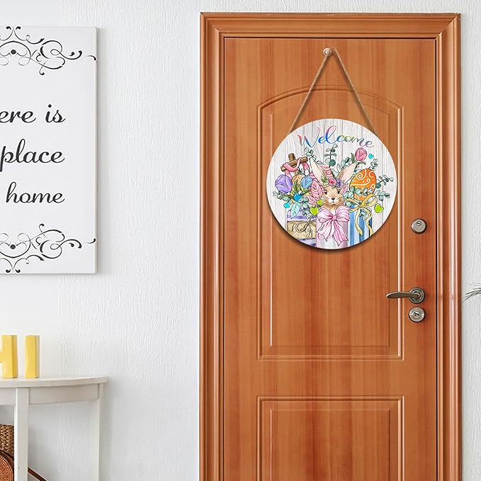 Welcome Easter Bunny Eggs Door Sign For Front Door Decor,Mason Jar Tulip Religious Cross Rabbit Carrot Wooden Sign 12"x 12" Round Easter Hanging Door Sign Decoration for Wall Rustic Decor
