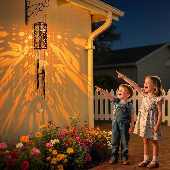 for Women Solar Wind Chimes Hummingbird Outside Lights Hanging Decor Outdoor Sympathy Wind Chimes for Garden Patio (1 Light with 3 Colors Cycle - Hummingbird)