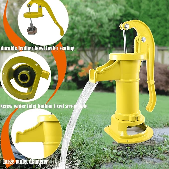 Durable Antique Cast Iron Pitcher Pump: Manual Hand Shake Suction Well Pump for Water Transfer, 25ft Maximum Lift, Easy Installation, Suitable for Outdoor Gardens, Ponds, and Backyards. (Yellow)