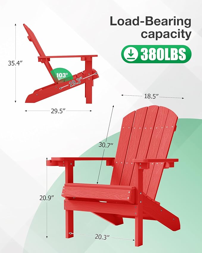 YEFU Adirondack Chair Weather Resistant: Plastic Adirondack Chairs - Patio Chairs with Cup Holder & Wood Texture - Outdoor Chair HIPS - Lawn Fire Pit Deck Porch Garden Chairs for Adults (Red)