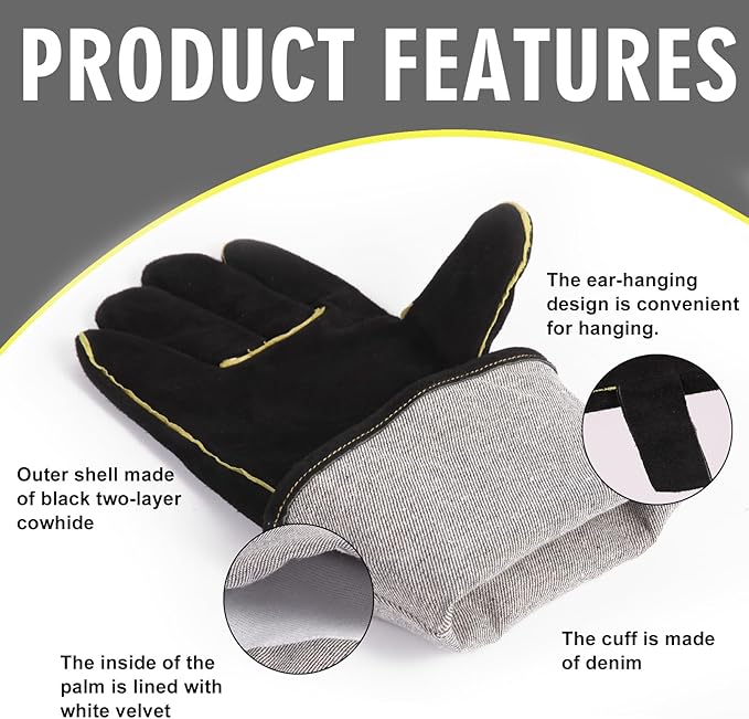 Fireplace Gloves Fire Heat Resistant: Fireproof Leather for Fireplace Fire Pit Wood Stove Campfire Furnace (L)