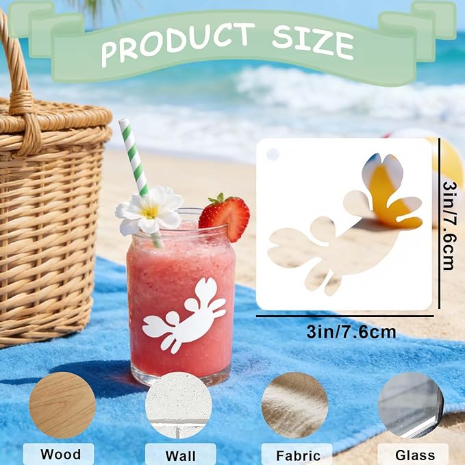 56 Pcs Summer Beach Stencils for Painting, Reusable 3x3in Hawaii Holiday Ocean Stencils for Painting on Wood Rock Wall Canvas Scrapbook, Small Stencil for DIY Art Crafts Home Decors Ornaments